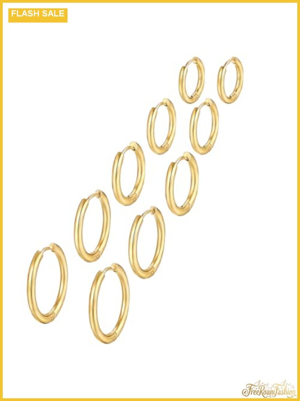 14K Gold Plated 5 Pair Huggie Hoop Earrings Set Small 6mm-14mm